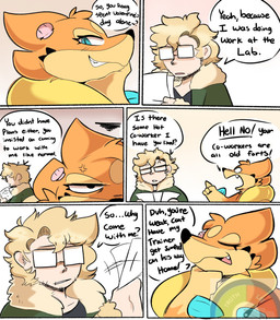 ambiguous_gender anthro blonde_hair blue_eyes dialogue duo eyewear fur glasses grin hair male opaque_glasses orange_body orange_fur rectangular_glasses smile stubble text spicykiwi nintendo pokemon alice_(spicykiwi) floatzel generation_4_pokemon human mammal pokemon_(species) comic english_text hi_res female_(lore)