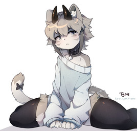 accessory ambiguous_gender anthro bangs black_clothing black_collar black_horn black_legwear black_stockings claws clothed clothing collar eyelashes furgonomics horn inner_ear_fluff jewelry legwear long_sleeve_shirt looking_away off_shoulder oversized_clothing short_tail simple_background sitting solo stockings tail tail_accessory tail_bracelet tail_jewelry thick_thighs tuft white_background typh domestic_cat felid feline felis mammal 2025 colored digital_drawing_(artwork) digital_media_(artwork) hi_res shaded