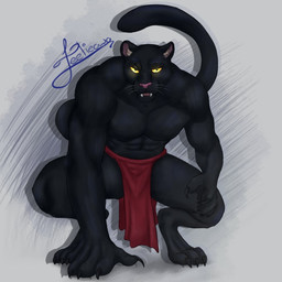 abs anthro biceps black_body black_fur bottomwear claws clothed clothing fangs feet fur glowing glowing_eyes loincloth looking_at_viewer male muscular muscular_anthro muscular_male open_mouth paws pecs simple_background solo solo_focus tail teeth toe_claws toes topless yellow_eyes feelieowo felid feline mammal pantherine digital_media_(artwork)