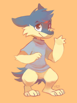 anthro blue_body blue_fur bottomless chibi clothed clothing featureless_crotch feet fur gesture grey_clothing grey_eyes grey_shirt grey_t-shirt grey_topwear head_tuft hindpaw male orange_background paws shirt shirt_only simple_background smile snout solo standing t-shirt t-shirt_only topwear topwear_only tuft waving waving_at_viewer yellow_body yellow_fur darmp nintendo pokemon generation_2_pokemon pokemon_(species) quilava 2014 3:4 digital_media_(artwork) digital_painting_(artwork) full-length_portrait hi_res painting_(artwork) portrait shaded