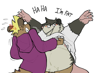 anthro blush clothed clothing clothing_lift cross-popping_vein duo eyewear glasses male male/male nipples overweight overweight_anthro overweight_male shirt shirt_lift topwear dama624 american_opossum hyena mammal marsupial