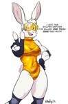 anthro biped clothing eyewear female female_anthro fingerless_gloves front_view fur gloves goggles hand_on_hip hand_on_own_hip handwear leotard looking_at_viewer open_mouth open_smile red_eyes smile solo talking_to_viewer text white_body white_fur yellow_clothing yellow_leotard artbyyellowdog lagomorph leporid mammal rabbit 2025 digital_media_(artwork) english_text hi_res