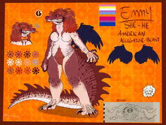 alternative_fashion anthro beard breasts claws collar drugs facial_hair featureless_breasts featureless_crotch female hair hippie marijuana multicolored_body non-mammal_breasts orange_hair overweight overweight_anthro stripes tattoo toe_claws wings hugg.bees electric_light_orchestra emmy_the_gator alligator alligatorid crocodilian reptile scalie absurd_res hi_res model_sheet