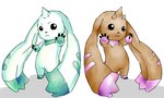 ambiguous_gender brown_body brown_fur chibifur duo feral fur green_body green_fur pink_body pink_fur shadow simple_background white_background krkr bandai_namco digimon digimon_(species) lopmon terriermon 2009 5:3 low_res