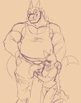 anthro belt blush bottomwear bulge clothing denim denim_bottomwear denim_clothing duo groping_bulge jeans male muscle_shirt muscular muscular_male nipples pants pecs tenting chibsarts mythology chiderg canid canine dragon mammal mythological_creature mythological_scalie scalie