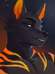 abstract_background anthro arm_markings blue_eyes cheek_tuft chest_markings chest_tuft clothed clothing embers eyebrows facial_tuft fangs fur glowing glowing_markings gradient_background grey_body grey_fur grin inner_ear_fluff looking_at_viewer male markings narrowed_eyes neck_markings open_mouth orange_inner_ear orange_inner_ear_fluff orange_markings overbite shoulder_markings simple_background smile smirk smug solo sparks teeth topless tuft yellow_markings ulrichroland youngsun_(y15un) canid canine canis mammal wolf 2021 absurd_res bust_portrait detailed digital_media_(artwork) digital_painting_(artwork) hi_res portrait shaded soft_shading