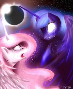 bodily_fluids crying duo feathered_wings feathers female feral glowing glowing_eyes hair horn moon multicolored_hair open_mouth pink_eyes pink_hair princess royalty tears wings rebecka-chan friendship_is_magic hasbro my_little_pony mythology princess_celestia_(mlp) princess_luna_(mlp) equid equine mammal mythological_creature mythological_equine winged_unicorn hi_res source_request