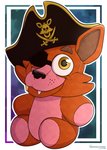 anthro big_hat black_nose blue_background border brown_ears brown_eyebrows clothing eye_patch eyebrows eyewear fangs fur gold_(metal) gold_tooth hat headgear headwear looking_at_viewer male melee_weapon multicolored_body multicolored_ears pirate pirate_hat plushie purple_background red_body red_ears red_fur sharp_teeth simple_background sitting smile solo stitch_(sewing) sword teal_background teeth toy two_tone_body weapon white_border yellow_eyes twinkattstudios five_nights_at_freddy's scottgames foxy_(fnaf) plush_foxy_(fnaf) animate_inanimate canid canine fox living_plushie mammal 2021 hi_res