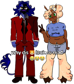 anthro belly_hair blonde_hair blue_body blue_fur body_hair brown_body business_attire business_suit casual_clothing clothing cloven_hooves daisy_(flower) dramatic_lighting duo emoji female flower footwear fur gesture green_eyes hair hand_gesture hooves male obscured_face plant red_clothing red_suit shoes simple_background smile suit v_sign white_background yellow_eyes iambdacore missysissy i'm_with_stupid valleyos why_dis_look_so_mad_(meme) callan_dion daisy_belle_(valleyos) bovid caprine felid lion mammal pantherine sheep colored full-length_portrait meme portrait trans_(lore) trans_man_(lore)