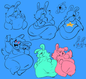 4_fingers anthro ass_to_ass belly belly_grab bent_leg big_belly big_butt black_eyelids blue_background blue_body blue_clothing blue_dress blue_ear_piercing blue_fur blue_hair blue_sclera blue_shirt blue_tank_top blue_teeth blue_tongue blue_topwear bottomless bottomless_anthro bottomless_female breasts buckteeth burger butt cellphone chubby_cheeks cleavage closed_frown closed_smile clothed clothed_anthro clothed_female clothing crossed_arms crown deep_navel dress duo ear_piercing electronics eye_contact eyelashes fat_legs featureless_feet feet female fingers food frown frowning_at_another fur grumpy hair hair_over_eye hand_pawpads happy headgear holding_burger holding_cellphone holding_food holding_object holding_phone huge_belly huge_butt lidded_eyes light long_ears looking_at_another looking_at_own_belly looking_at_viewer medium_breasts mouth_closed navel noseless obese obese_anthro obese_female one_eye_closed open_mouth open_smile overweight overweight_anthro overweight_female phone piercing pink_body pink_ear_piercing pink_fur pink_hair pink_tail pink_tongue scut_tail shirt short_tail simple_background sitting smartphone smile smiling_at_another smiling_at_viewer tail tank_top teal_clothing teal_dress teal_hair teeth tongue tongue_out tooth_gap topwear fizzooka mario_bros mario_plus_rabbids_kingdom_battle mario_plus_rabbids_sparks_of_hope nintendo raving_rabbids rayman_(series) ubisoft rabbid_peach rabbid_rosalina lagomorph mammal rabbid 2023 colored crossover digital_drawing_(artwork) digital_media_(artwork) flat_colors hi_res lighting multiple_images