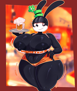 alcohol anthro beer beverage big_breasts black_body bottomwear breasts clothing female hat headgear headwear hooters_uniform huge_breasts navel shirt shorts smile solo thick_thighs topwear rabbit5gamer disney hooters fanny_cottontail lagomorph leporid mammal rabbit hi_res