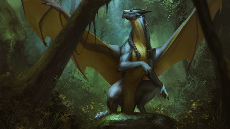 claws countershade_torso countershading feet feral fingers forest front_view hair horn male outside plant smile solo standing tail toes tree wings jadedragoness mythology dragon mythological_creature mythological_scalie scalie 16:9 2026 digital_drawing_(artwork) digital_media_(artwork) hi_res widescreen
