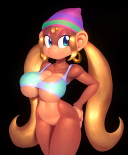 anthro bare_shoulders big_breasts black_background blonde_hair blue_eyes bottomless breasts brown_body brown_fur clothed clothing ear_piercing ear_ring eyeshadow female fur hair hand_on_butt hat headgear headwear hoop_ear_ring jewelry long_hair makeup piercing ring_piercing shirt simple_background smile solo standing topwear nitro donkey_kong_(series) nintendo tiny_kong haplorhine kong mammal monkey primate absurd_res hi_res