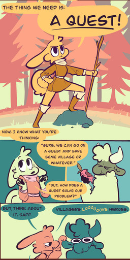 anthro clothed clothed_anthro clothed_female clothing curled_tail determined dialogue eating eating_food female forest fur horn male male/female nude_anthro nude_male plant shirt speech_bubble tail text topwear tree tunic walking_stick wool_(fur) vanilla_candy unicorn_blood_(comic) saffron_(unicorn_blood) tulip_(unicorn_blood) bovid caprine hybrid lagomorph mammal sheep absurd_res comic english_text hi_res restricted_palette