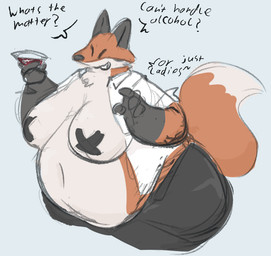 anthro belly beverage big_belly big_breasts breasts clothed clothing container cup dialogue dipstick_tail drinking_glass eyes_closed female fur glass glass_container glass_cup holding_beverage holding_container holding_cup holding_drinking_glass holding_object holding_wine_glass markings multicolored_body multicolored_fur navel obese obese_anthro obese_female orange_body orange_fur overweight overweight_anthro overweight_female pasties simple_background smile solo tail tail_markings text two_tone_body two_tone_fur white_body white_fur wine_glass ambergate brandy_(ambergate) canid canine fox mammal 2025 english_text