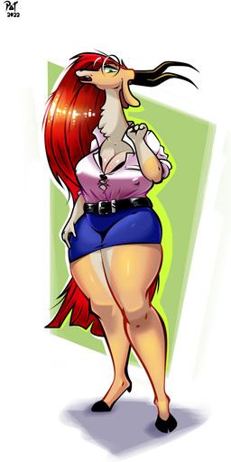 anthro belt bottomwear breasts cleavage clothed clothing eyewear female glasses green_eyes hair hooves horn long_hair long_neck nipple_outline red_hair skirt solo tight_bottomwear tight_clothing tight_skirt la_tiapat ilana_(pretty_patsusan) antelope bovid mammal 2022 hi_res