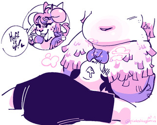 ambiguous_gender anthro balls balls_on_face biped black_clothing black_shirt black_topwear bodily_fluids candy clothing dessert dialogue drooling duo ear_piercing ear_ring exclamation_point eyelashes facesitting food freckled_ears freckled_face freckled_hips freckles genitals half-erect heart_symbol horn larger_but_small lollipop long_eyelashes male male/ambiguous navel nude overweight overweight_anthro overweight_male penis piercing pinata ring_piercing saliva shirt sitting_on_another small_penis speech_bubble text topwear pinkshinyhorns una_(bofeet) animate_inanimate bovid caprine goat living_pinata mammal 2025