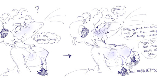 bodily_fluids body_hair clothing curly_hair erect_nipples female genital_fluids hair happy_trail massage_request menstruation nipples requesting solo text translucent translucent_clothing translucent_topwear miistniight american_opossum mammal marsupial english_text hi_res