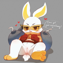 anthro bomb bottomless clothed clothing dialogue explosives female genitals inviting solo vulva appledogg bombun bombun_(kekitopu) lagomorph leporid mammal rabbit 1:1 hi_res