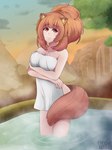 big_breasts blush breasts brown_eyes brown_hair chest_tattoo detailed_background female fluffy fluffy_tail hair hot_spring looking_at_viewer shy solo tail tattoo towel towel_only water enrique849 the_rising_of_the_shield_hero raphtalia animal_humanoid canid canid_humanoid canine canine_humanoid humanoid mammal mammal_humanoid tanuki_humanoid 2022 absurd_res hi_res