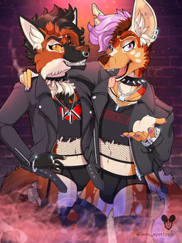 5_fingers anthro arm_around_shoulders black_hair brown_body brown_fur bulge clothed clothing collar crop_top duo ear_piercing ear_ring facial_piercing fingers fishnet_clothing fishnet_topwear fur grin hair hand_on_hip jacket jewelry leather leather_clothing leather_jacket leather_topwear lock looking_at_viewer male navel nose_piercing nose_ring open_mouth open_smile padlock piercing pink_hair pink_tongue print_clothing print_shirt print_t-shirt print_topwear ring_piercing shirt smile smoke spiked_collar spikes t-shirt tongue topwear underwear white_body white_fur glitter_pills leonspottydog dead_kennedys melvins_(band) hato_the_collie jax_(yeen.queen) leon_(glitter_pills) african_wild_dog canid canine mammal maned_wolf absurd_res hi_res