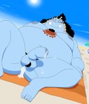 after_anal after_anal_penetration after_sex anal beach blue_body blue_skin blush blush_lines bodily_fluids cum cum_in_ass cum_inside cum_on_body cum_on_leg cum_on_own_leg cum_on_self foreskin genital_fluids genitals leaking leaking_anus leaking_cum looking_at_viewer lying male moobs nipples nude overweight overweight_bottom overweight_humanoid overweight_male overweight_sub penis public public_nudity public_sex sex sex_on_the_beach smile smiling_at_viewer solo spread_legs spreading tattoo tusks ha_a_monkey one_piece jinbe fish-men_(one_piece) humanoid marine hi_res