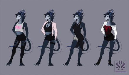 4_toes 5_fingers 6_horns anthro barefoot biped black_bottomwear black_clothing black_crop_top black_dress black_footwear black_hair black_mane black_pants black_shirt black_shorts black_socks black_topwear blue_body blue_horn bottomwear breasts claws clothed clothing collarbone countershade_head countershade_neck countershade_torso countershading crop_top dewclaw digitigrade dress eyebrows eyelashes eyeshadow feet female finger_claws fingers floating_horn footwear front_view fully_clothed grey_background grey_body hair hand_on_hip hand_on_leg hand_on_own_hip hand_on_own_leg hand_on_own_thigh hand_on_thigh horn hotpants logo makeup mane medium_breasts mouth_closed multi_horn multiple_outfits non-mammal_breasts pants pose shirt short_hair shorts simple_background snout socks solo standing tail tank_top tapering_tail text thin_tail toe_claws toeless_footwear toeless_socks toes topwear wavy_horn white_body white_claws white_clothing white_eyes white_face white_shirt white_tank_top white_topwear jadedragoness european_mythology mythology itasa_(jadedragoness) dragon mythological_creature mythological_scalie scalie western_dragon wingless_dragon 2020 artist_logo artist_name digital_media_(artwork) digital_painting_(artwork) flat_colors full-length_portrait multiple_images painting_(artwork) portrait