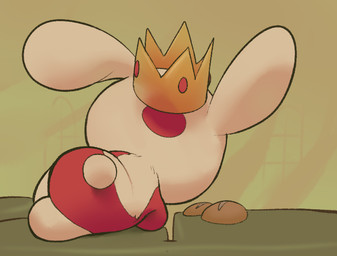 ambiguous_gender big_ears black_nose bread butt chibi crown food fur headgear looking_away lying simple_background solo window yellow_background inkune nintendo pokemon generation_3_pokemon mammal pokemon_(species) spinda 2020