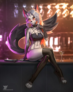 alcohol anthro athletic athletic_female bar beverage biped blush claws clothing cocktail collar crossed_legs eyebrow_piercing facial_piercing female fur gun hair legwear looking_at_viewer martini navel nipple_outline occult_symbol pentagram piercing plantigrade ranged_weapon red_sclera sitting solo spiked_collar spikes symbol tail thigh_highs toe_claws topwear weapon white_body white_fur hacatiko hellaverse helluva_boss mythology loona_(helluva_boss) canid canid_demon canine demon hellhound mammal mythological_canine mythological_creature 2022 4:5 hi_res