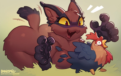 ambiguous_gender anthro anthrofied beak breasts butt claws duo feathers female feral fingers fur smile tail tongue danomil slime_rancher avian bird chicken felid feline galliform hunter_slime mammal phasianid roostro_(slime_rancher) slime_(slime_rancher) 2025 digital_drawing_(artwork) digital_media_(artwork)