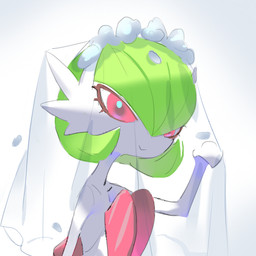 eyelashes female flower flower_crown green_pseudo_hair petals pink_eyes plant pseudo_hair simple_background smile solo wedding_veil white_body r_a_ine nintendo pokemon generation_6_pokemon humanoid mega_evolution mega_gardevoir pokemon_(species) 1:1 2026 low_res