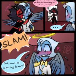 back_wings black_hair blue_body blue_eyes blue_feathers blue_skin blush blush_lines blushing_profusely bow_tie dialogue duo eyelashes feathered_wings feathers female freckled_face freckles glistening_eyelids hair halo heart_symbol kiss_mark kissing kissing_cheek long_eyelashes male male/female red_body red_skin text wings gothiicprince hellaverse helluva_boss millie_(helluva_boss) moxxie_(helluva_boss) angel angel_humanoid demon demon_humanoid humanoid imp 1:1 colored comic english_text hi_res