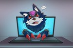 belt blep blue_body blue_fur claws computer electronics feral fur gem laptop looking_at_viewer red_eyes solo text tongue tongue_out thenavwolf bandai_namco digimon canid canine loogamon mammal english_text hi_res