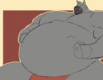 ambiguous_gender ambiguous_prey anthro anthro_pred belly big_belly bottomwear clothing grin hand_on_belly male male_pred muscle_arms musclegut muscular simple_background smile squirming teeth vore tkckid hyena mammal 2023 animated short_playtime