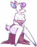 animal_crossing anthro blush bottomless breasts cleavage clothed clothing deer diana_(animal_crossing) digital_media_(artwork) eyelashes female fizzy-dog fur hair hooves looking_aside mammal nintendo off_shoulder pink_hooves purple_hair shaded shirt simple_background smile solo thick_thighs topwear tree_stump undressing white_background white_body white_fur