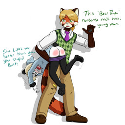 3_toes 5_fingers age_difference anthro biped black_body black_fur black_tail blonde_hair blue_eyes bottomwear bottomwear_down brown_body brown_fur brown_tail butt butt_pose butt_slap carrying_another clothed clothing dialogue duo exposed_butt eyewear feet fingers fluffy fluffy_tail footwear fully_clothed fur glasses hair hitting hoodie larger_male male male/male markings multicolored_body multicolored_fur necktie older_male orange_body orange_fur orange_tail pants pants_down partially_clothed pawpads pose shadow shirt shoes short_tail shorts simple_background size_difference slap smaller_male spanking standing striped_markings striped_tail stripes tail tail_markings text toes topwear two_tone_body two_tone_fur vest white_background white_body white_fur young young_anthro younger_male animegirl2012 okamiseinen kriss riley_(animegirl2012) ailurid bear giant_panda mammal red_panda 1:1 english_text
