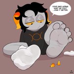 1:1 5_toes alien black_hair chixie_roixmr clothing dialogue english_text fake_horns feet female foot_fetish foot_focus footwear hair hi_res hiveswap homestuck horn humanoid humanoid_feet ms_paint_adventures plantigrade pouting pouting_lips simple_background socks soles speech_bubble talking_to_viewer text tired_eyes toes troll_(homestuck) twistedfurby