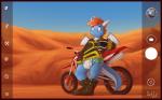 anthro armor blue_body blue_skin blush boots camera clean_diaper clothed clothing desert diaper footwear gloves hair handwear headgear helmet horn littlepawz_(diaper) looking_away male membrane_(anatomy) membranous_wings motorcycle orange_hair outside shirt shoes shy sky solo standing tail topwear vehicle wearing_diaper wetness_indicator wings iztli abuniverse littlepawz mythology bluescales dragon mythological_creature mythological_scalie scalie 2019 absurd_res hi_res