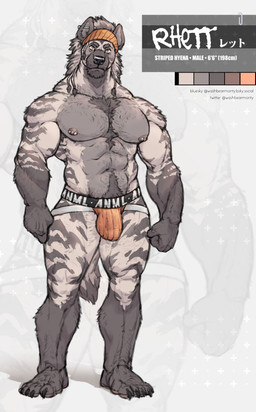 abs amber_eyes anthro balls_outline biceps big_bulge big_muscles big_pecs black_nose bulge chest_tuft claws clothed clothing detailed_bulge ear_piercing fur genital_outline grey_body grey_fur grey_hair hair headgear headkerchief headwear industrial_piercing jockstrap jockstrap_only kerchief looking_at_viewer male mane mane_hair manly muscular muscular_male nipple_piercing nipples orange_clothing orange_headkerchief orange_jockstrap orange_kerchief orange_underwear pecs penis_outline piercing pubes solo standing striped_body striped_fur stripes text toe_claws topless tuft underwear underwear_only washbearmonty rhett_(washbearmonty) hyena mammal striped_hyena english_text hi_res signature