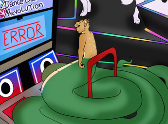anthro apode arcade dance_dance_revolution_machine green_body green_scales group inside legless male sad scales serpentine solo_focus split_form text trio urano bemani dance_dance_revolution konami nipcoyote canid canine canis coyote draconcopode lamia mammal reptile scalie snake 2025 english_text hi_res