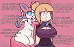 anthro breasts cleavage clothed clothing dialogue duo eeveelution embarrassed erect_nipples euphorica female female_human feral generation_6_pokemon hi_res human male male/female male_feral mammal nintendo nipples pokemon pokemon_(species) pokemon_trainer shaking size_difference small_dom_big_sub smaller_feral sylveon text this_guy_fucks_me_raw