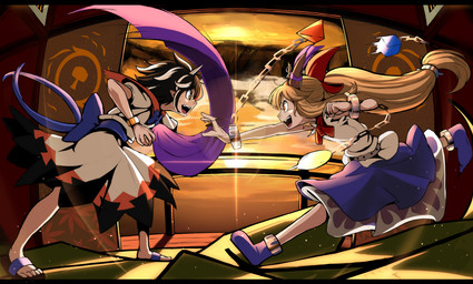 accessory action_pose black_clothing black_dress black_hair blue_bow bottomwear bow_ribbon brown_horn chain clothed clothed_female clothed_humanoid clothing cuff_(restraint) dress duo female fight fist footwear furgonomics grey_horn hair hair_accessory hair_bow hair_ribbon highlights_(coloring) horn horn_accessory horn_bow horn_ribbon humanoid_pointy_ears imminent_punch long_hair metal_cuffs motion_lines multicolored_clothing multicolored_dress open_mouth orange_eyes orange_hair outstretched_arm pointy_ears pose purple_bottomwear purple_bow purple_clothing purple_skirt red_bow red_clothing red_dress restraints ribbons running sandals shackles shirt shoes short_hair side_view skirt standing sunset topwear waist_bow white_clothing white_dress white_highlights white_shirt white_topwear wide_stance epic_armageddon asian_mythology east_asian_mythology japanese_mythology mythology touhou seija_kijin suika_ibuki amanojaku demon horned_humanoid humanoid oni yokai 2020 hi_res