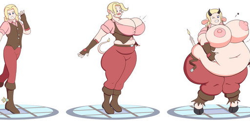 animal_noises anthro areola armwear belly belly_overhang belt belt_pop big_areola big_belly big_breasts big_butt big_ears big_navel big_nipples black_hooves black_horn blonde_hair blonde_tail_tuft blue_eyes boots bottomwear bovid_horn bovine_horn breasts brown_belt brown_boots brown_clothing brown_footwear brown_gloves brown_handwear brown_topwear brown_vest butt button_(fastener) button_pop clothing cow_ears cow_horn cow_nose cow_transformation dart deep_navel elbow_gloves erect_nipples eyes_closed fat_arms female fingerless_gloves footwear gloves growth hair handwear hooves horn huge_belly huge_breasts huge_butt huge_navel light light_body light_skin long_boots long_ears looking_at_breasts looking_at_own_breasts looking_at_self looking_down looking_down_at_self mommy_milkers mooing morbidly_obese morbidly_obese_anthro morbidly_obese_female navel nipples obese obese_anthro obese_female open_mouth overweight overweight_anthro overweight_female pants pink_areola pink_clothing pink_nipples pink_shirt pink_topwear red_bottomwear red_clothing red_gloves red_handwear red_pants sagging_belly sagging_breasts shadow shirt shoes short_hair simple_background solo standing tail tail_tuft teat_growth teats teeth topwear transformation transformation_sequence tuft udder_growth udders vest wardrobe_malfunction white_background kynesart bovid bovine cattle human humanoid mammal digital_drawing_(artwork) digital_media_(artwork) sequence