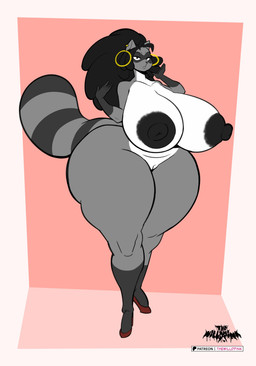 anthro big_breasts big_nipples big_vulva black_hair black_nipples breasts clothing ear_piercing ear_ring female footwear genitals hair high_heels huge_breasts hyper hyper_breasts nipples piercing pink_vulva plump_labia red_clothing red_footwear red_high_heels ring_piercing shoes solo thick_thighs vulva wide_hips thewilldpink mammal procyonid raccoon absurd_res hi_res