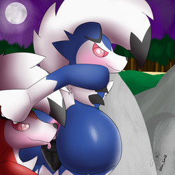 ambiguous_gender animal_genitalia animal_vulva blush butt_sniffing canine_genitalia canine_vulva female female/ambiguous full_moon genitals looking_back moon night nose_to_anus plant rock sniffing tongue tongue_out tree vulva vulpine_corvid nintendo pokemon generation_7_pokemon lycanroc midnight_lycanroc pokemon_(species) shiny_pokemon 1:1 absurd_res hi_res male_(lore)