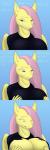 5_fingers anthro anthrofied big_breasts blue_eyes breasts clothing exposed_breasts exposure_variation female fingers fur hair looking_at_viewer pink_hair simple_background smile solo teal_eyes teeth text wardrobe_malfunction wings yellow_body yellow_fur lesang friendship_is_magic hasbro my_little_pony mythology fluttershy_(mlp) equid equine horse mammal mythological_creature mythological_equine pegasus pony 1:3 comic english_text