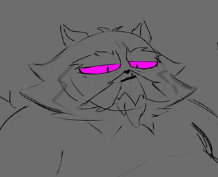 anthro beard facial_hair hair male mustache overweight overweight_anthro overweight_male purple_eyes simple_background solo teeth underbite debudraws yumyan_hammerpaw domestic_cat felid feline felis mammal bust_portrait greyscale monochrome portrait