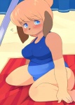 anthro big_breasts biped blonde_hair breasts clothing female hair kemono one-piece_swimsuit sitting slightly_chubby solo swimwear akitaka sherlock_hound_(series) mrs._hudson canid canine canis domestic_dog mammal