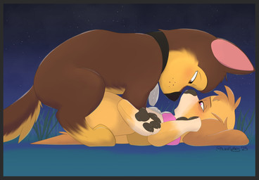 black_collar blush brown_body brown_eyes brown_fur collar duo eye_contact female feral from_front_position fur grass hair looking_at_another lying male male/female missionary_position night on_back on_bottom on_grass on_ground on_top outside pawpads paws pink_collar pink_eyes plant sex simple_background star tail young young_feral aurapuparts paw_patrol chase_(paw_patrol) skye_(paw_patrol) canid canine canis cockapoo domestic_dog german_shepherd herding_dog mammal mixed_breed pastoral_dog absurd_res digital_media_(artwork) hi_res