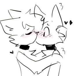 anthro black_collar black_heart black_nose blush collar duo eyes_closed fur heart_symbol hug hugging_another kissing looking_at_another male male/male male_anthro motion_lines simple_background tuft white_body white_fur white_tuft skipper_katt skipper_pupp silly_cat_(mauzymice) domestic_cat felid feline felis mammal monochrome sketch